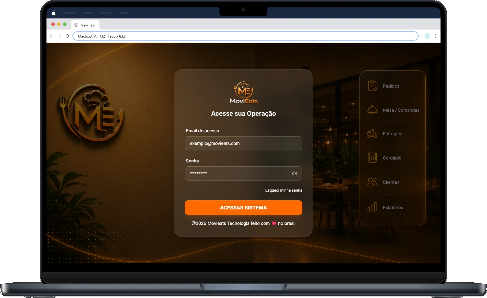 Tela de login do Portal MoviEats, com atalhos para Pedidos, Mesas e Comandas, Entregas, Cardápio, Clientes e Relatórios